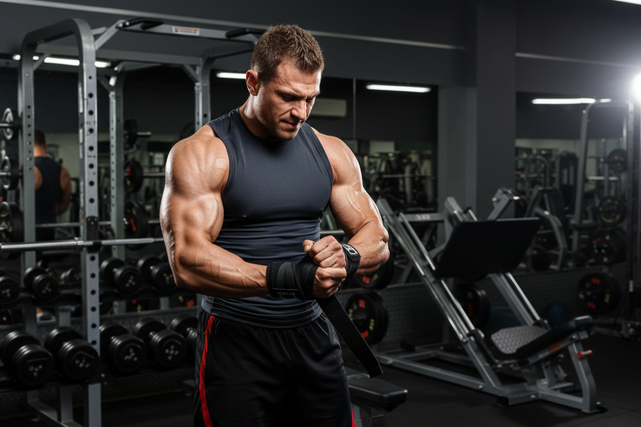 hombre fuerte en gimnasio apretandose muñequera